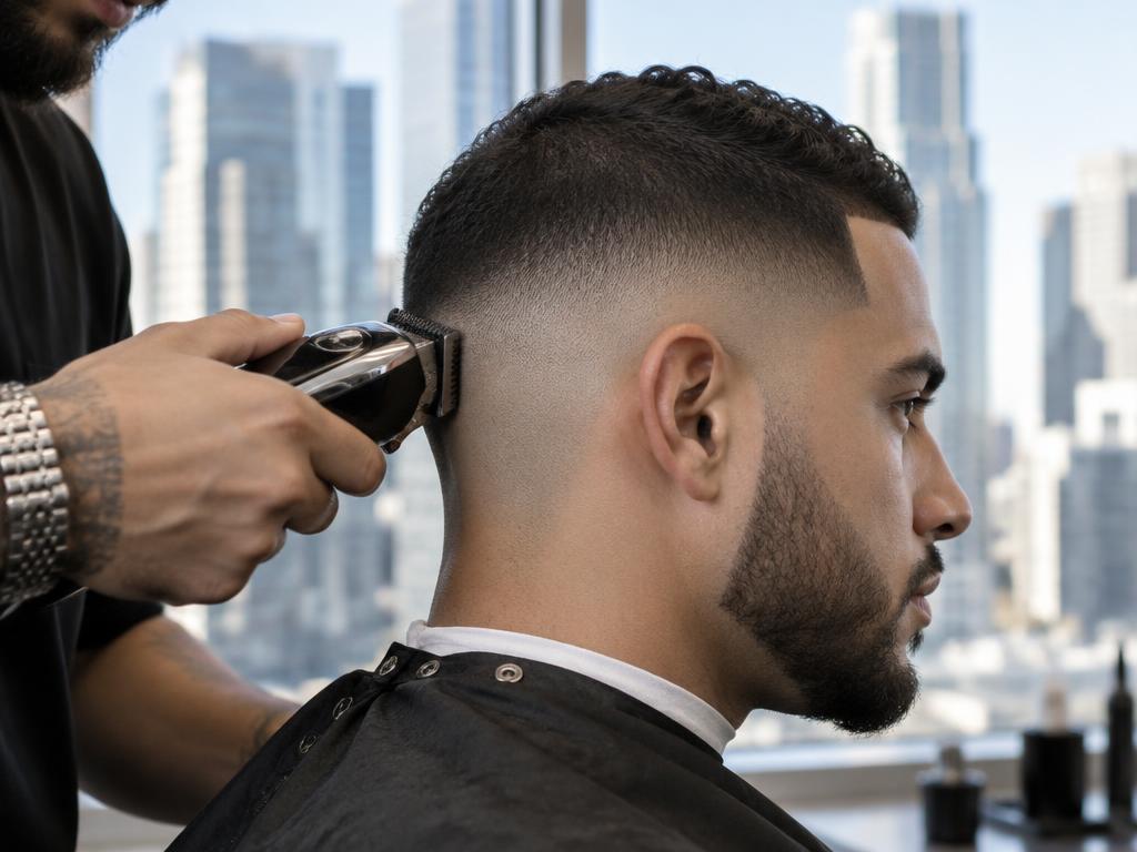 Close detail of clippers shaping a crisp skin fade