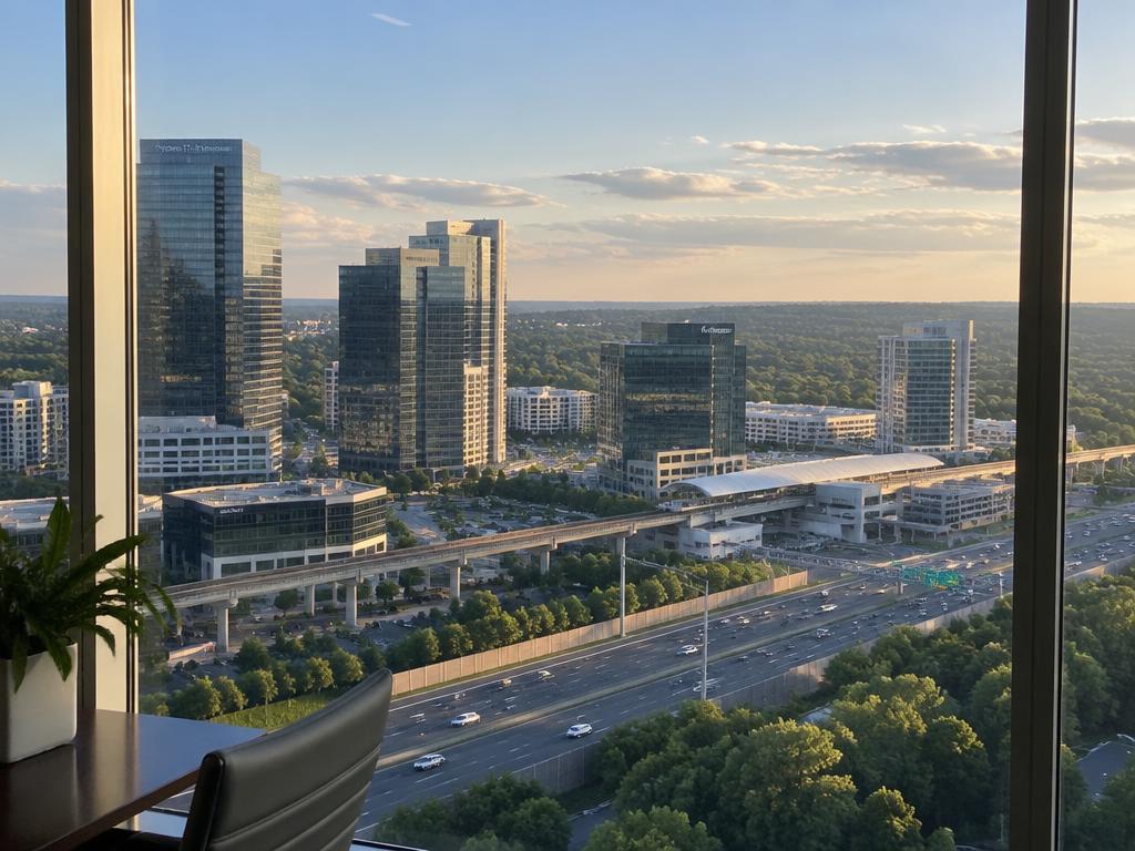 City skyline seen through the studio's large window